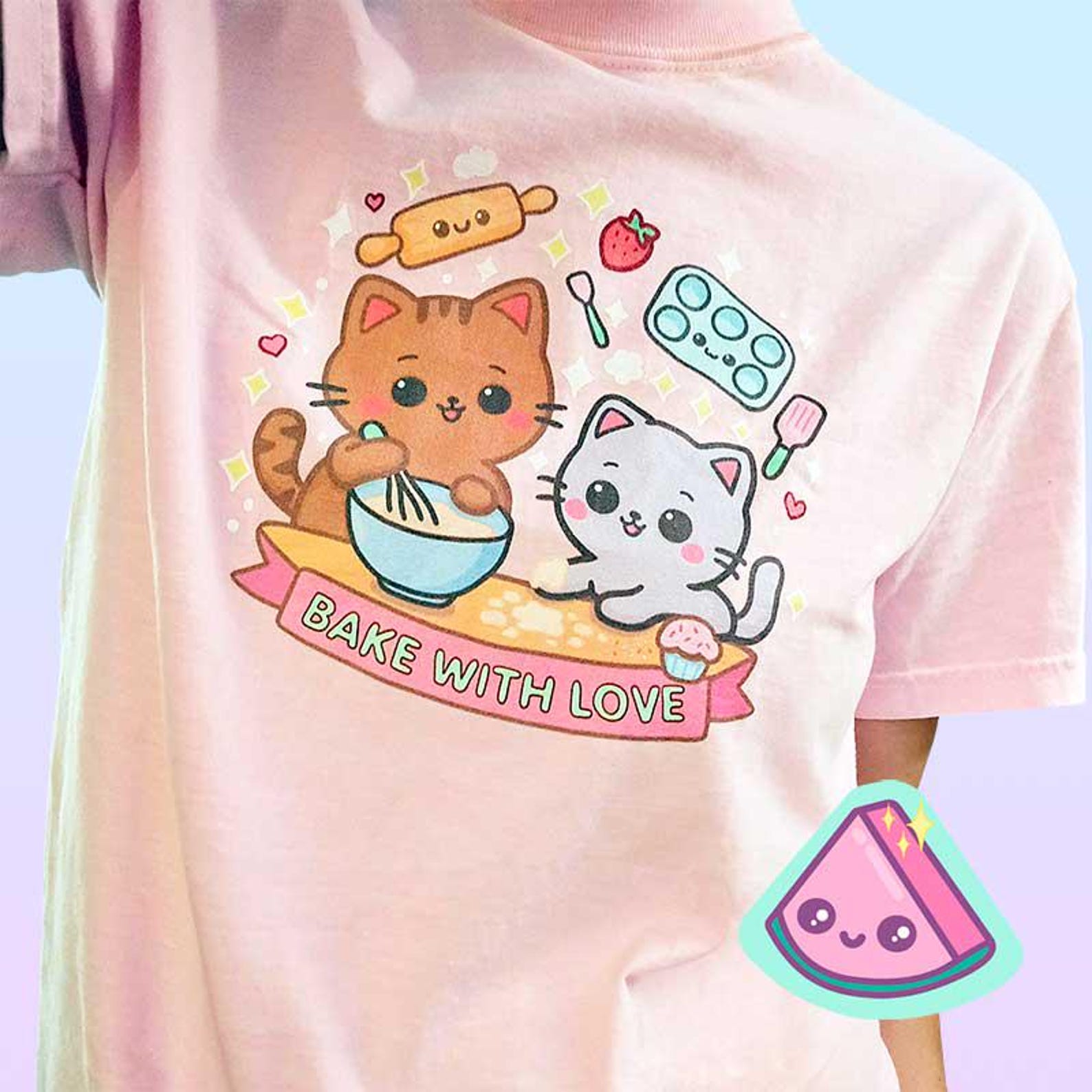 Kawaii Cat Shirt – Bake With Love Pastel Yume Kawaii Graphic Tee, Soft Girl Aesthetic T-Shirt, Dreamy Pastel Fashion Top Comfort Colors Tee 2XL