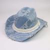 Retro Old Rough Edge Blue Western Cowboy Hat Pearl Accessories Curled Edge Outdoor Sunshade Warm Jazz Hat