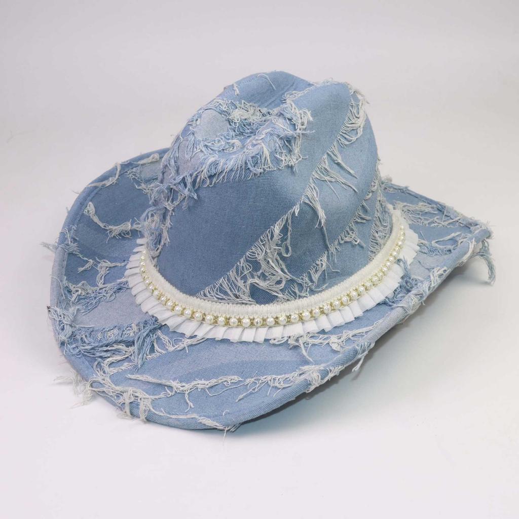 Retro Old Rough Edge Blue Western Cowboy Hat Pearl Accessories Curled Edge Outdoor Sunshade Warm Jazz Hat