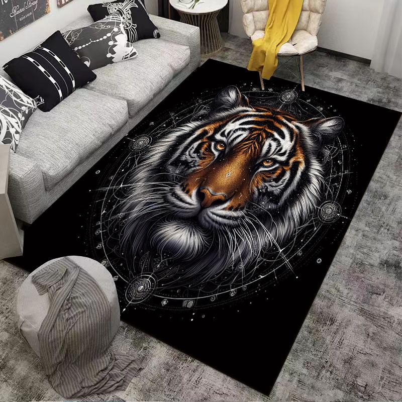 Tiger Face Carpet with Geometric Cosmic Pattern, Black Background Suitable for use as an anti-slip for living room bedroom sofas
