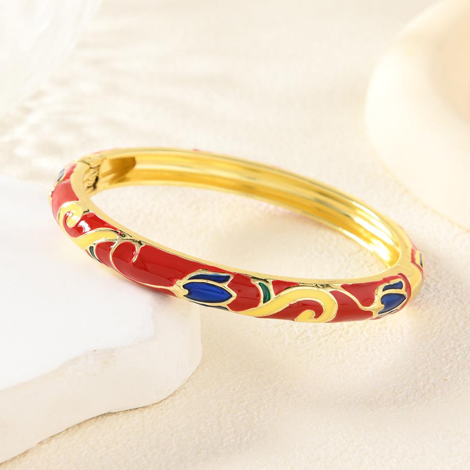 New Retro Women's Red Flower Dripping Enamel Antique Style Versatile Bracelet