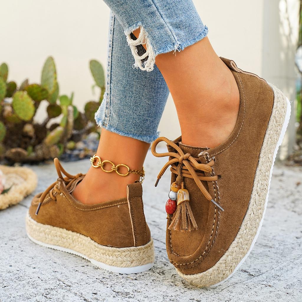 Fashion 2025 Women Sneakers Slip-On Soft Style Flats Lace Up Casual Comfortable Shoes Autumn Anti-slip Grass weaving women shoes