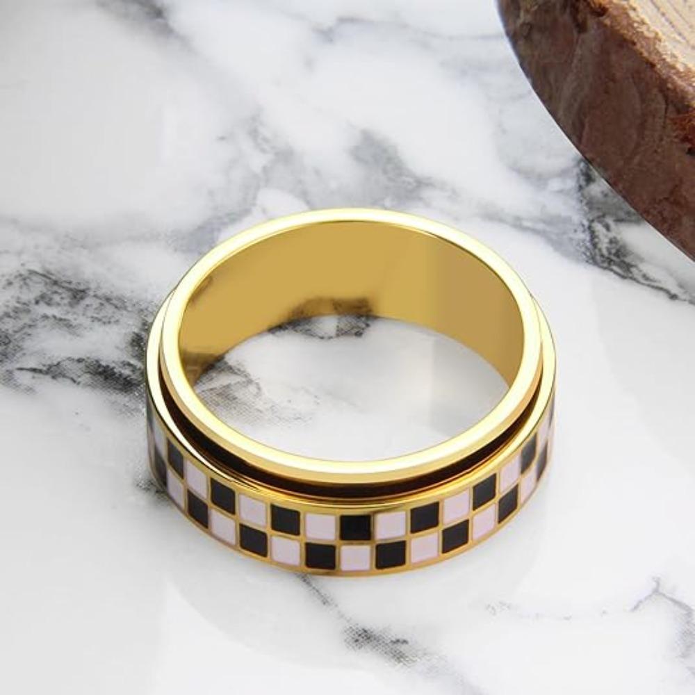 Stainless Steel Checkered Fidget Spinners Rings Black and White Checkerboard Rotate Ring for Stress Relief Spinner Jewelry
