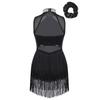 Girls Rhinestone Decorated Collar Leotard Sequins Mesh Patchwork Tassel Hem with Hair Tie