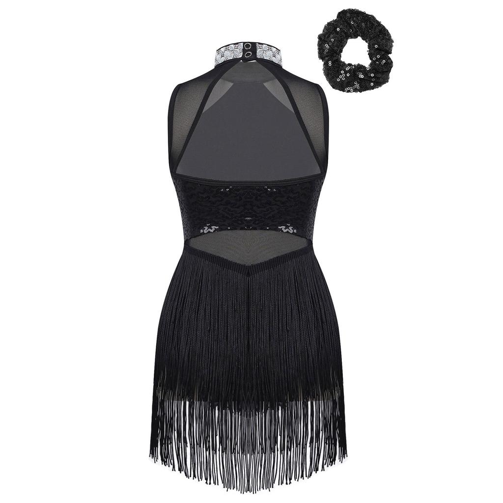 Girls Rhinestone Decorated Collar Leotard Sequins Mesh Patchwork Tassel Hem with Hair Tie