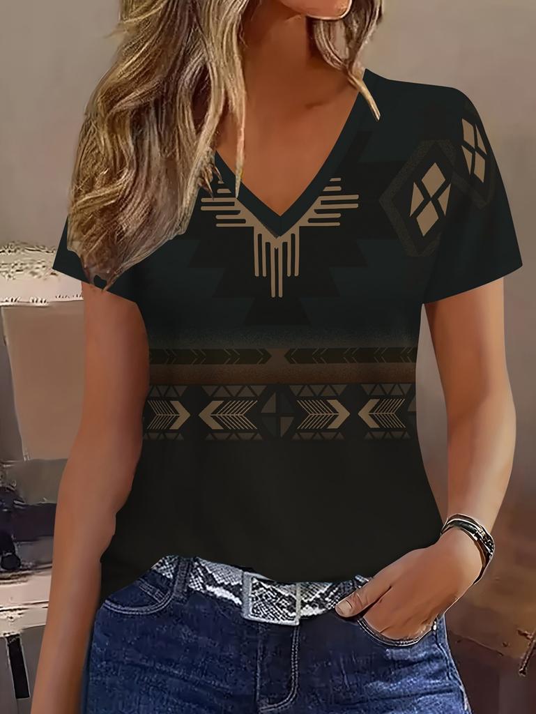 2026 Summer Vintage Ethnic Graphics Women's V-Neck Short Sleeves T-Shirt Fashion Tops 3D Print Casual Outdoor Female Clothing