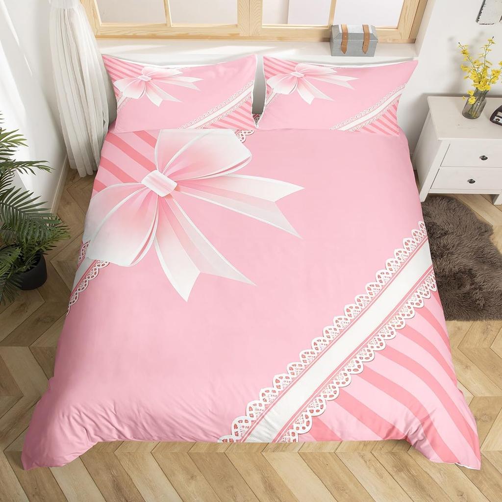 Dreamy Pink Bow Duvet Cover Queen King Size Princess Style Cute Bow Print Suitable For Kids Girls Teens Bedroom Decoration 3 Pcs