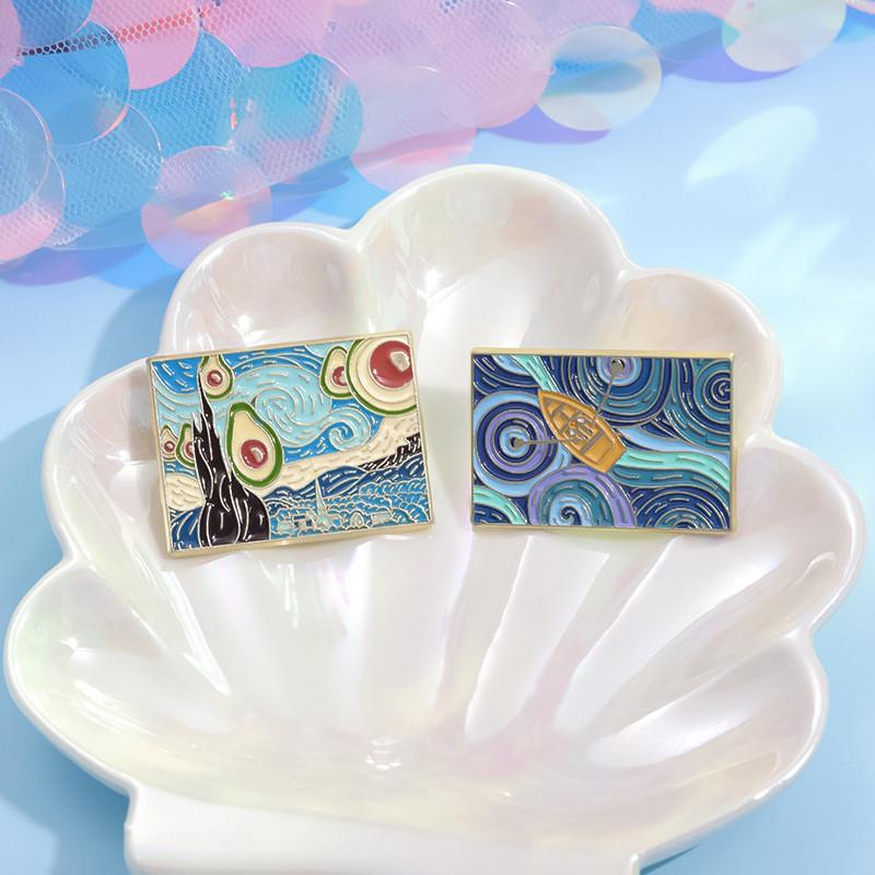 Enamel Charming Brooch With Van Gogh Inspired Whale And Boat Cartoon Character Style