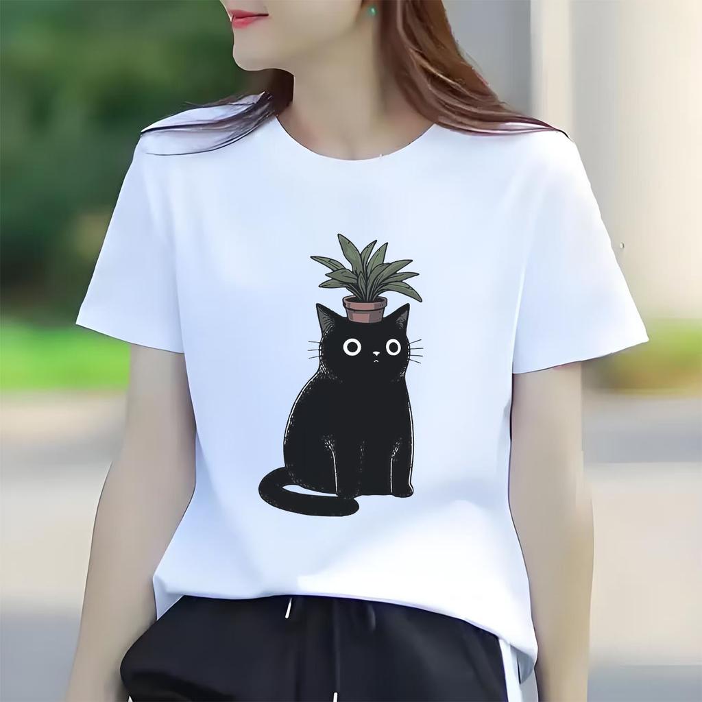 Black Cat Potted Cartoon Printed Short Sleeve Round Neck SpringSummer Versatile Fashion Womens Tshirt