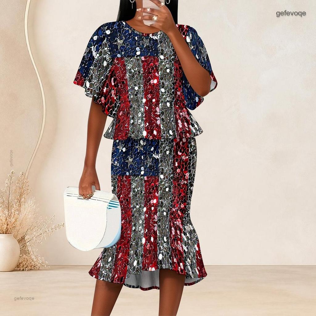 Women Plus Size Black White Printed Round Neck Batwing Sleeve Ruffle Hem Top Fishtail Skirt Two Piece Set