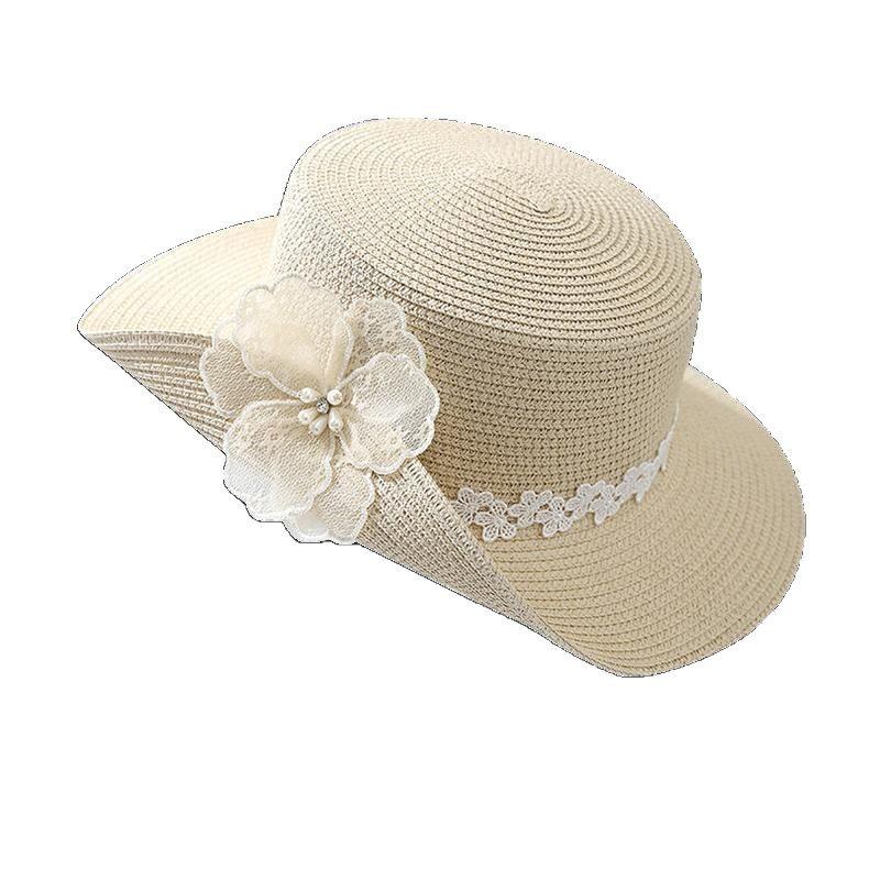 Fashion lace flower curled straw hat women's summer seaside woven hat seaside vacation visor beach sun hat