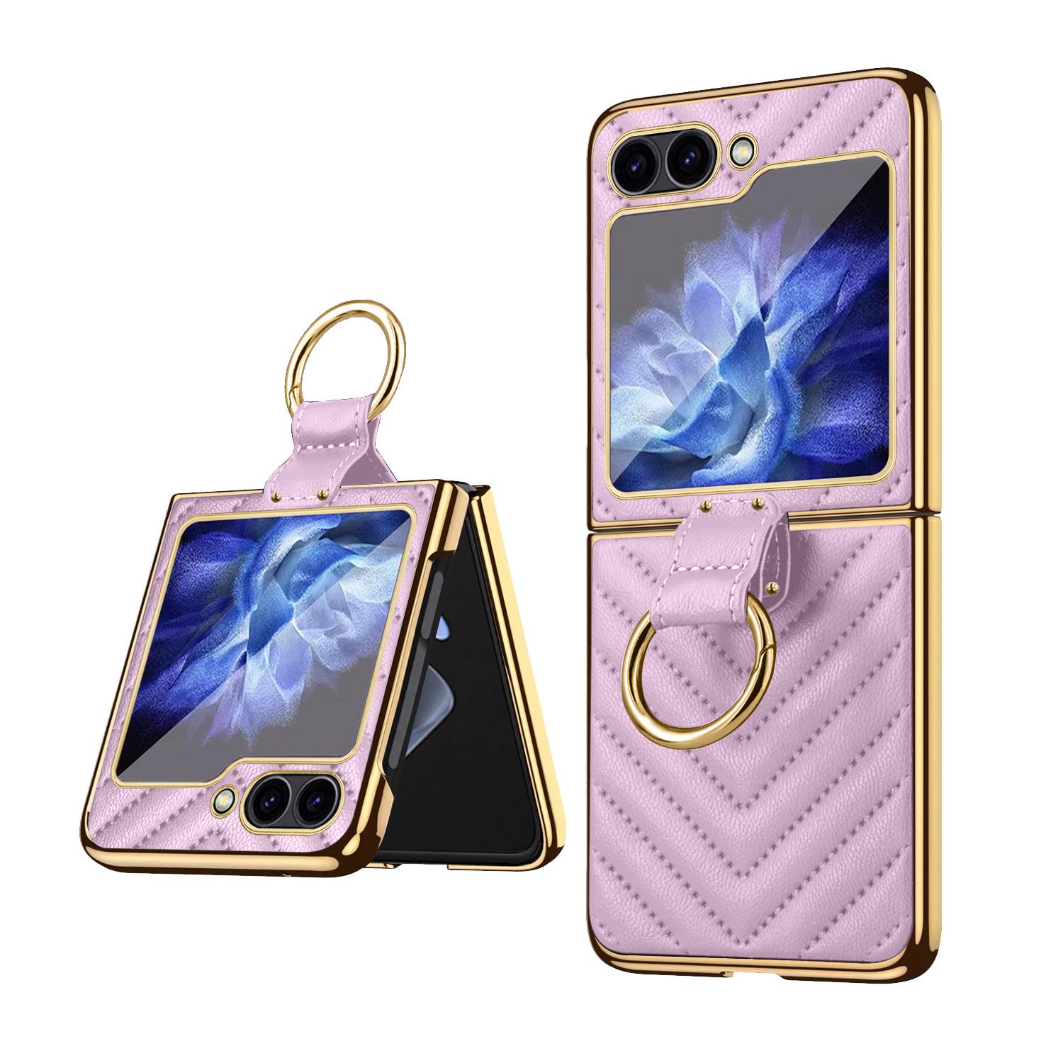 VIETAO Compatible With Samsung Galaxy Z Flip 6 5 4 3 Golden Plated Finger Ring Holder Kickstand Leather Mobile Phone Case Blue For Samsung Z Flip 6