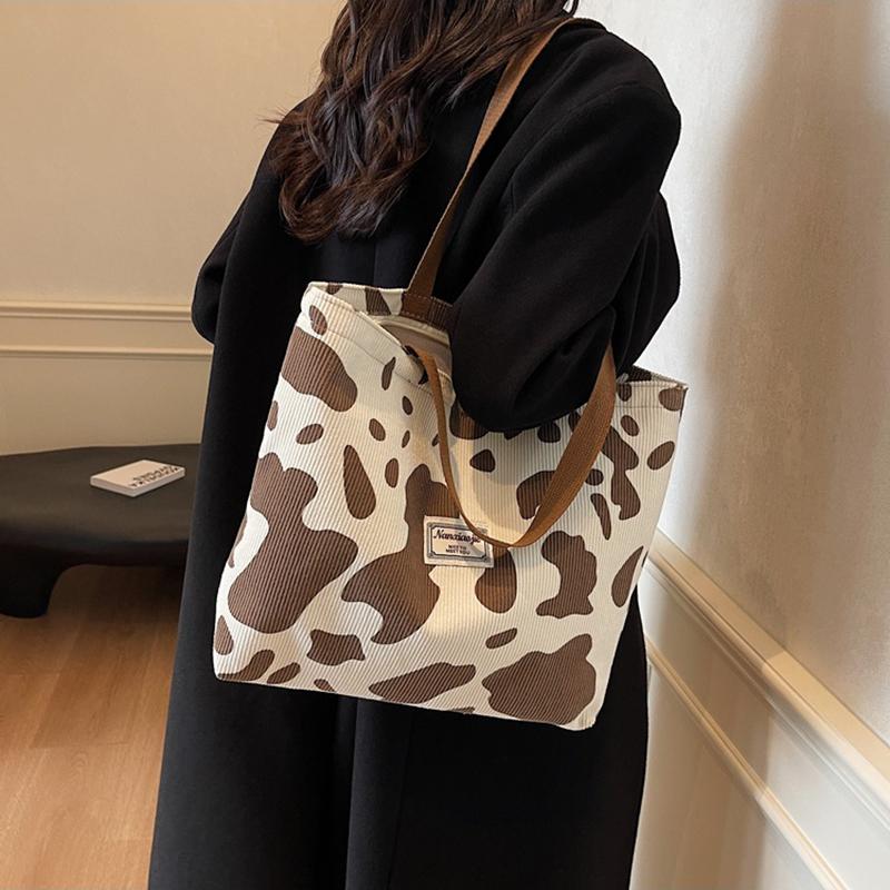 Fashion Large Capacity Cow Print Corduroy Tote Bag for Women Reusable Cute Commuter Shoulder Bag with Zipper, Foldable Shopping Bag