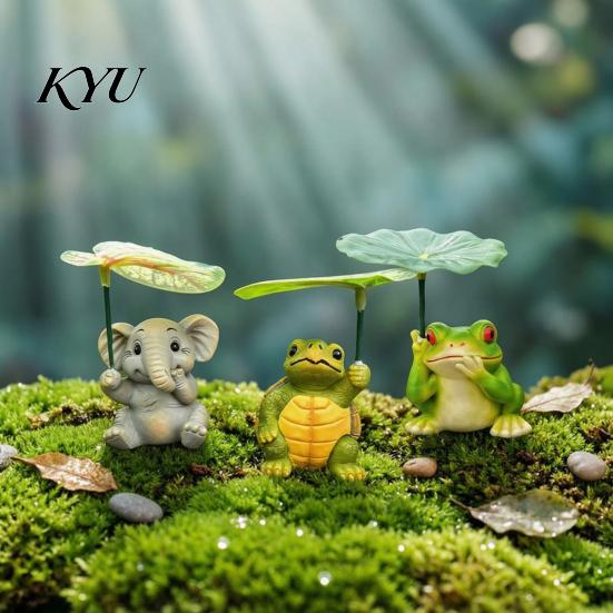 Cute Animal Statues 3Pcs/Set Mini Statues, Frog Elephant And Turtle Figurines with Leaf Creative Gift for Gardeners Umbrella, Resin Miniature Ornament