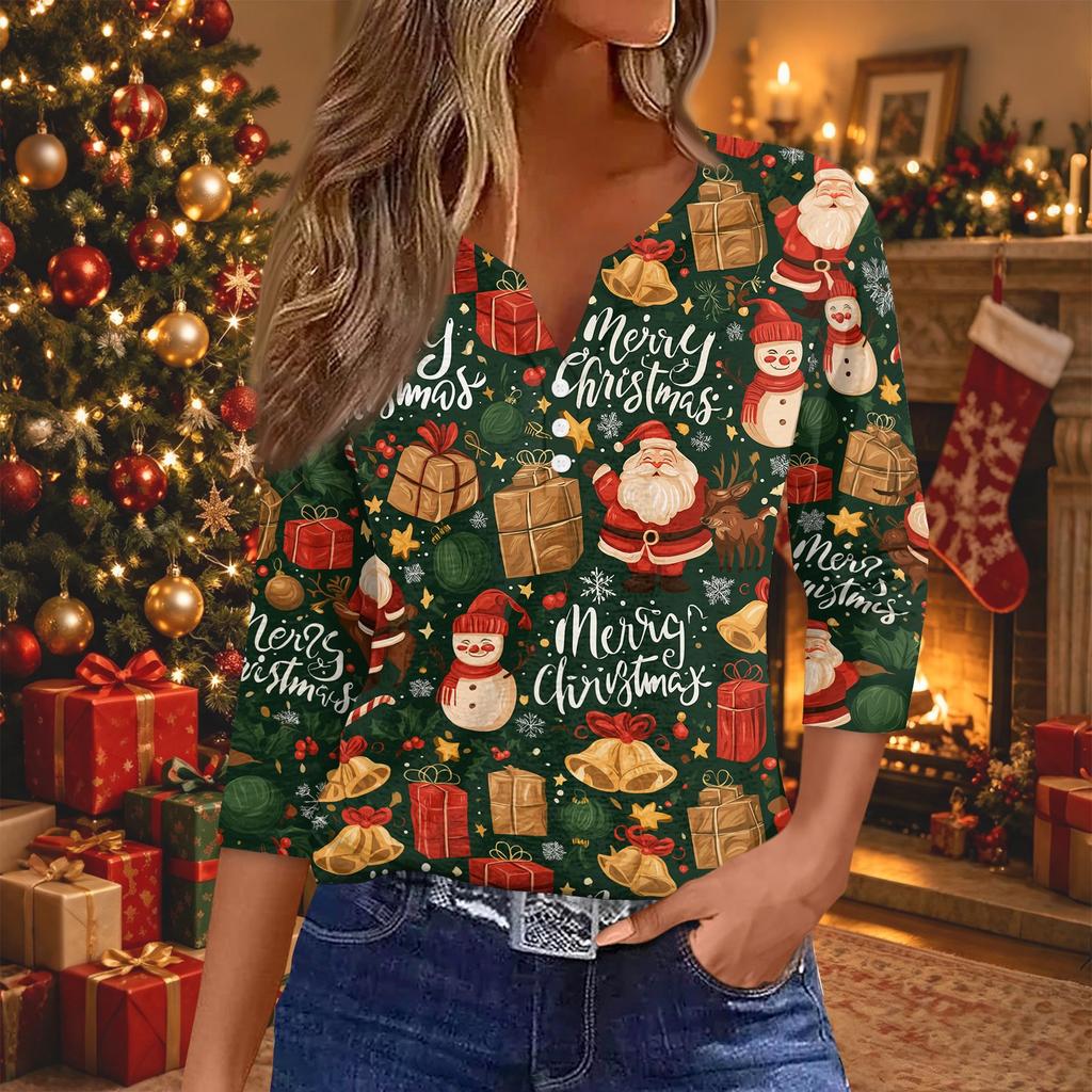 Women's Fashion Casual Christmas Print V-Neck Button Three-Quarter Sleeve T-Shirt Blouse