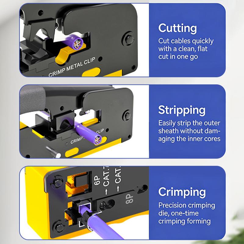 Pass Through Crimp Plier Cat7 Cat6 Cat6A Cat5 Cat5E Stripping Crimping Tool With 8P/6P Ethernet Connectors