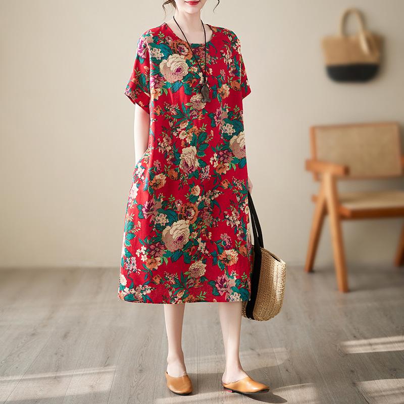 

Летнее ретро свободное платье average size красный