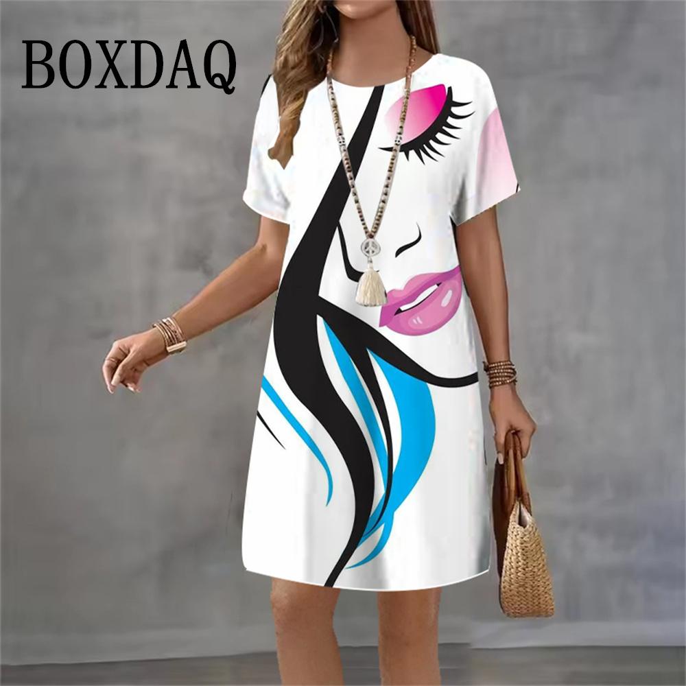Abstract Painting Face Dresses Women 2026 New Fashion Streetwear Gradient 3D Print Short Sleeve Dress Summer Casual Loose Dress