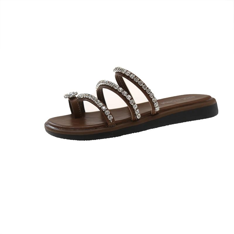 

Модные шлепанцы на мягкой подошве, летняя новинка, с круглым носком, с блестящими цветами, с перемычкой между пальцами, на тонком ремешке, противоскользящие, износостойкие, на плоской подошве 35