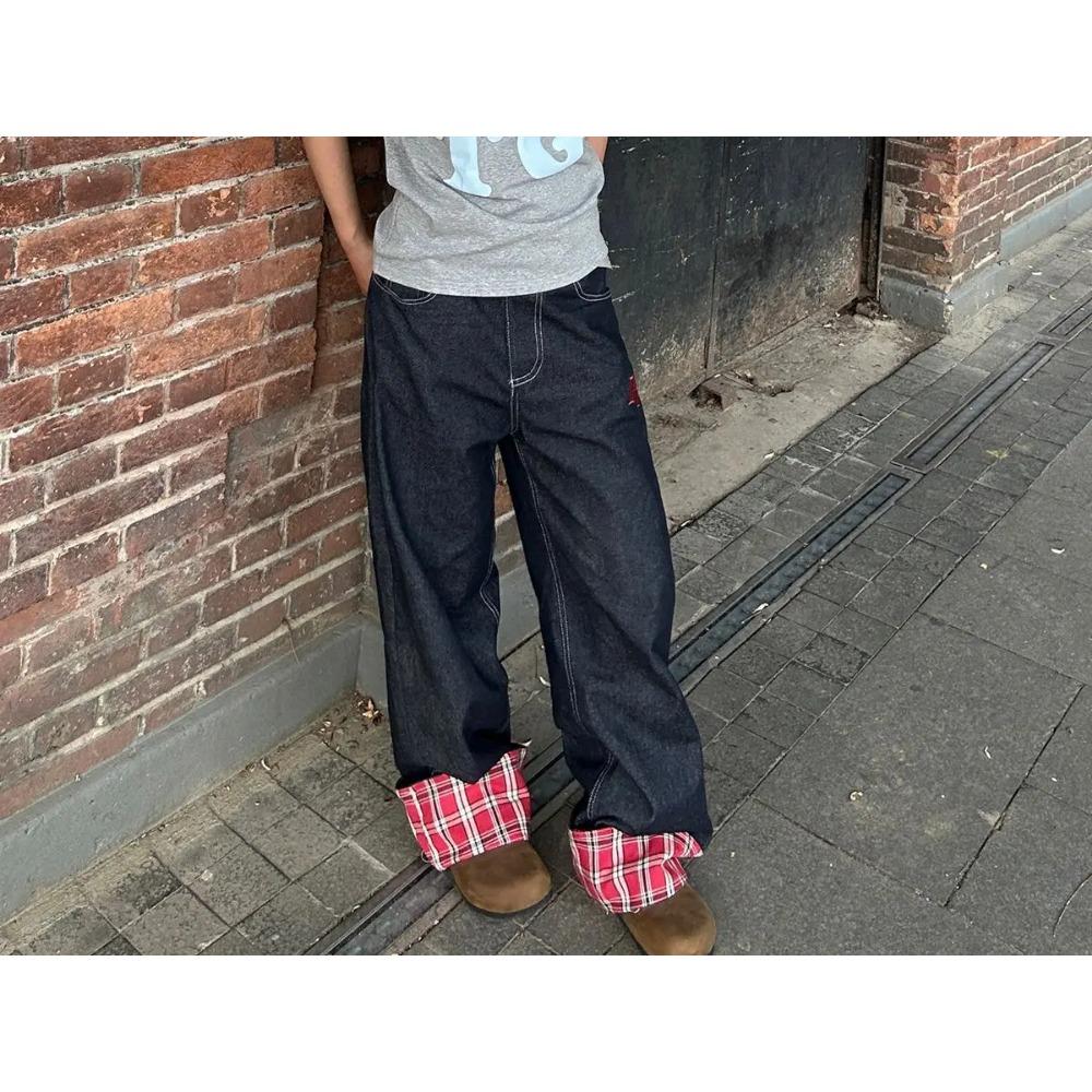 Blugi retro american în carouri Patchwork cu margine rulată pentru femei High Street Harajuku, vrac, cu picior larg, drept, pentru bărbați și femei