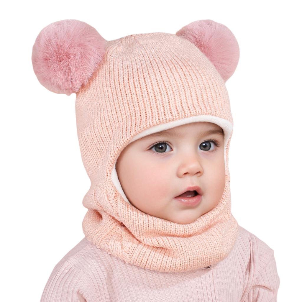 Winter Kids Balaclava Hat Double Pompom Knit Beanie Cap for Baby Boy Girl Warm Thick Fleece Lining Children One-piece Hat Scarf