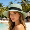 Beach Hat with Wrap-Around Brim, UV Protection Breathable Natural Straw Hat, Flat Top Summer Sun Hat for Beach Vacation Tropical Travel Outdoor