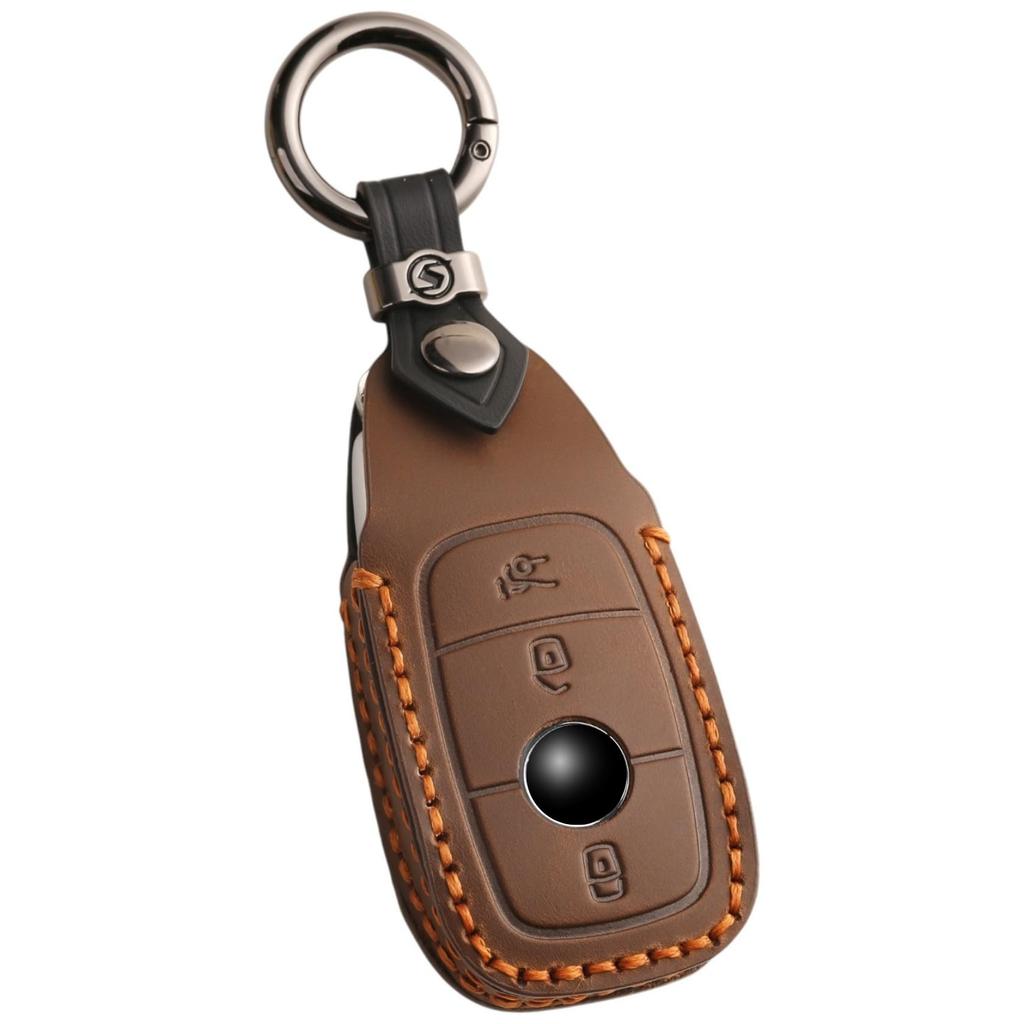 Smasol Genuine Leather Key Cover Case for Mercedes-Benz A-Class, B-Class, C-Class, E-Class, GL-Class, GLB, GLC, and GLE (Genuine Leather/Type-E Brown)