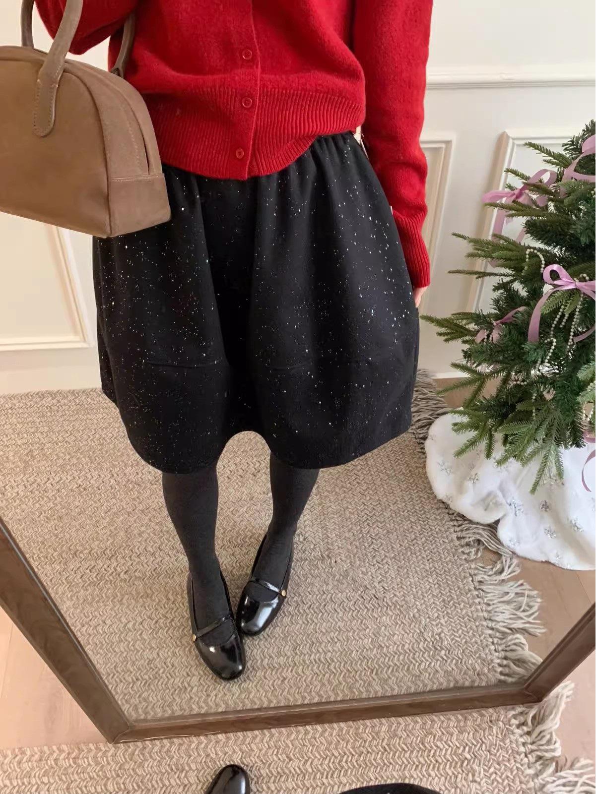 

2025 Winter High-Waisted Woolen A-line Umbrella Skirt with Sequins: Slimming Mid-Length Women s Skirt L