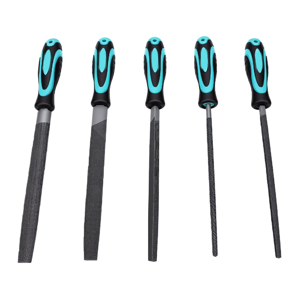 5 Pcs File Set Flat Round Half Round Triangle Square Files with Rubber Grip Handle for Woodworking Metalworking