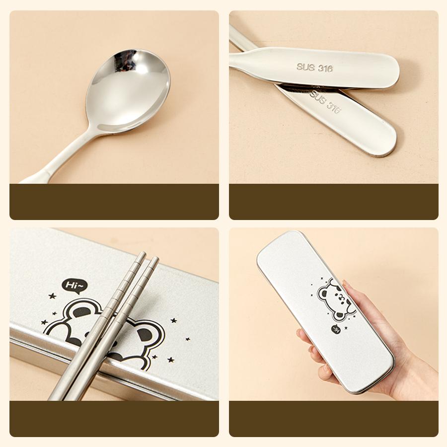 3pcs/set Cute Portable 316 Stainless Steel Tableware Chopsticks Spoons With Storage Box Reusable Outdoor Picnic Cutlery  Set
