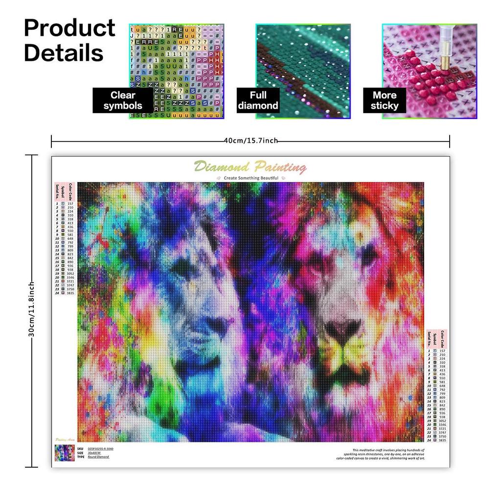 Diamond Painting Colorful Lion Full Round Diamond Embroidery Animal Cross Stitch Picture Of Rhinestone Home Decor 30x40cm/12x16inch