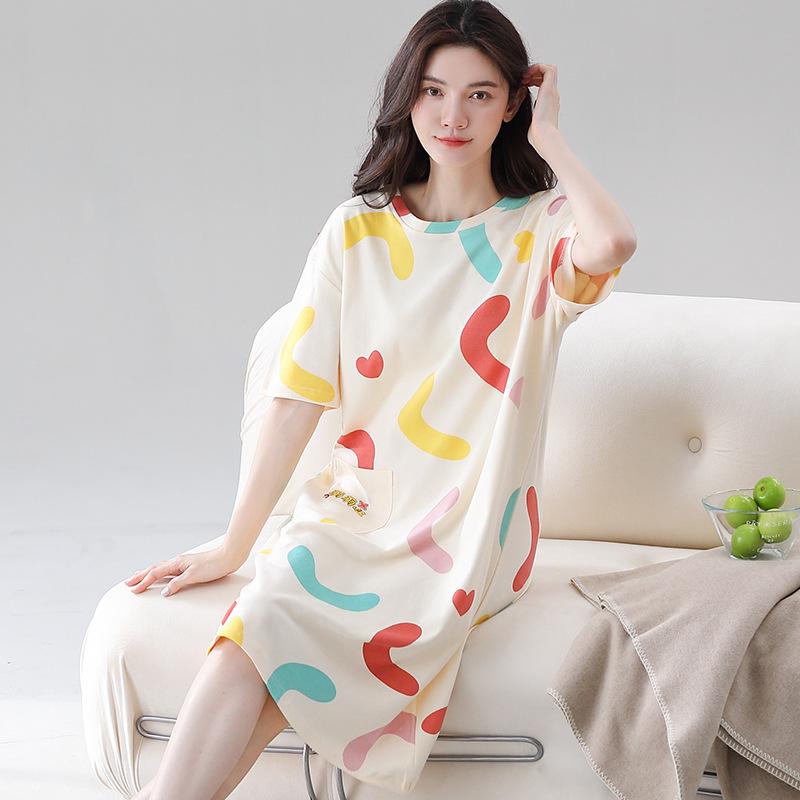Women's Summer Korean-Style Pure Cotton Short Sleeve Loose Mid-Length Nightgown Pajamas for Home or Casual Wear