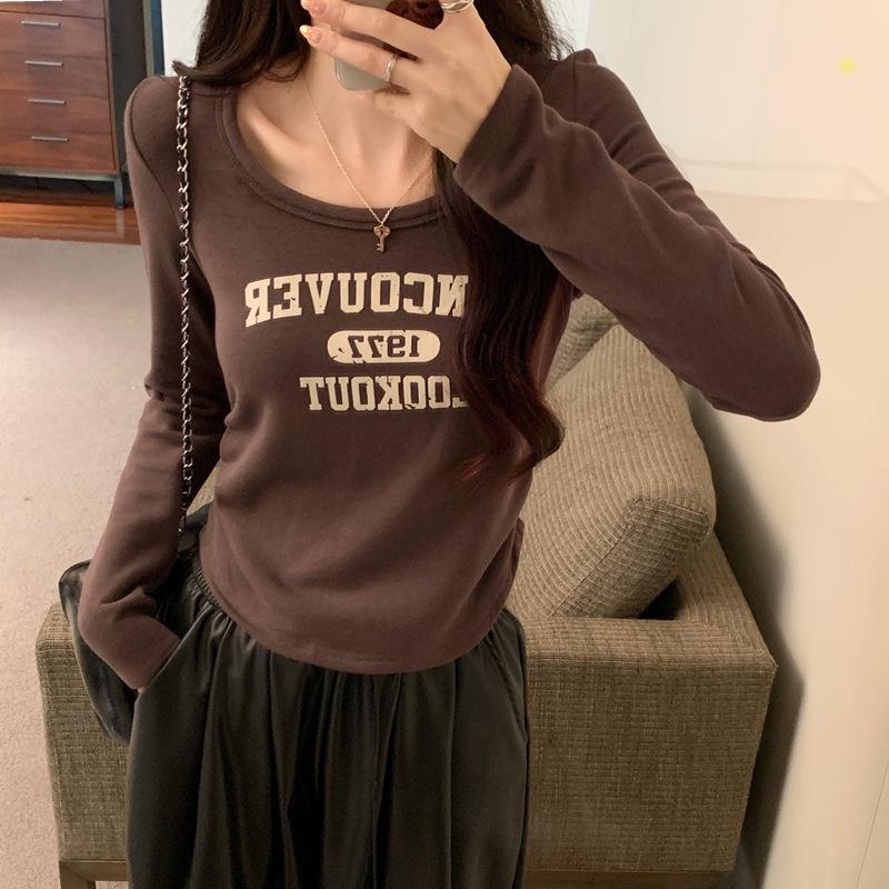 Pure Desire Straight Shoulder Round Neck Long Sleeve T-shirt for Women Early Autumn New Sweet Slim Base Shirt Top