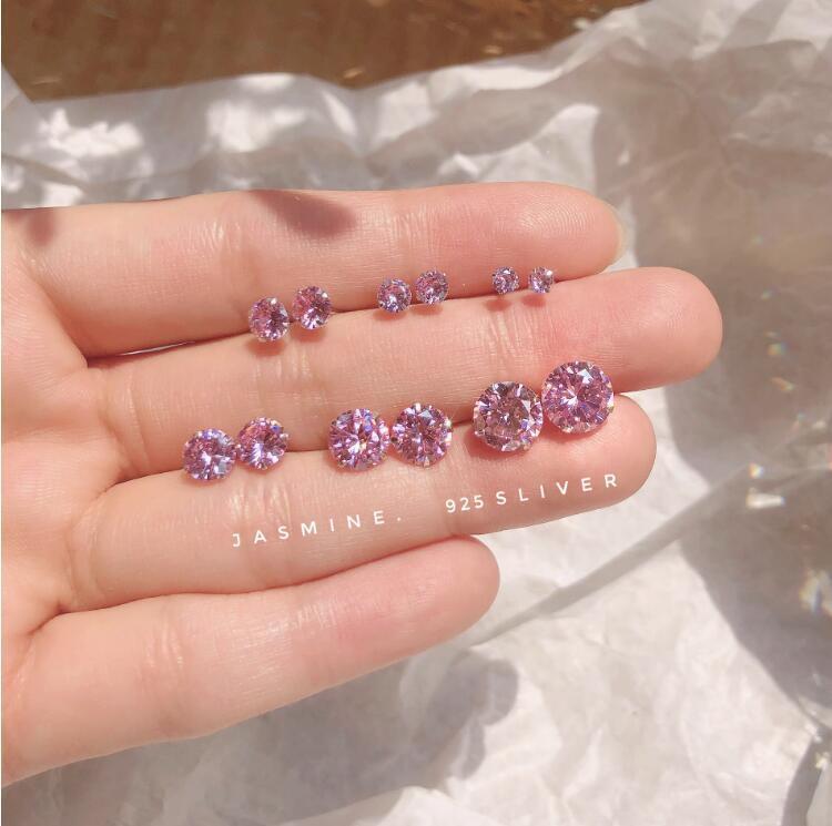 S999 Silver Pink Heart Zircon Earrings: Simple, Versatile Screwback Bone Studs with Sparkling Diamonds