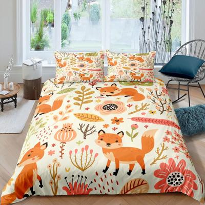 Cartoon Fox King Queen Duvet Cover Lovely Orange Animal Floral Bedding Set Kids Girls Flowers Plant 2/3Pcs Quilt Cover