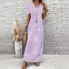 Women Plus Size V Neck Short Sleeve Black Blue Printed Straight Long Dress