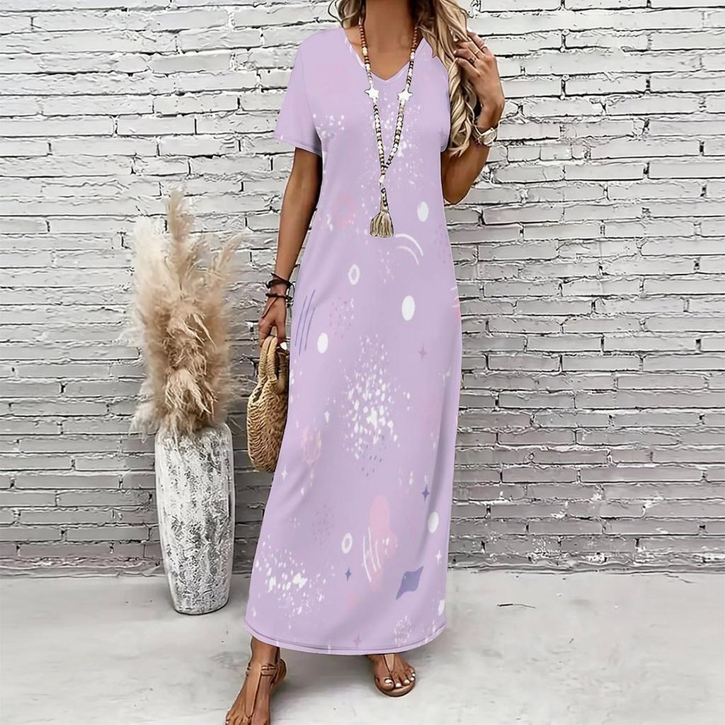 Women Plus Size V Neck Short Sleeve Black Blue Printed Straight Long Dress