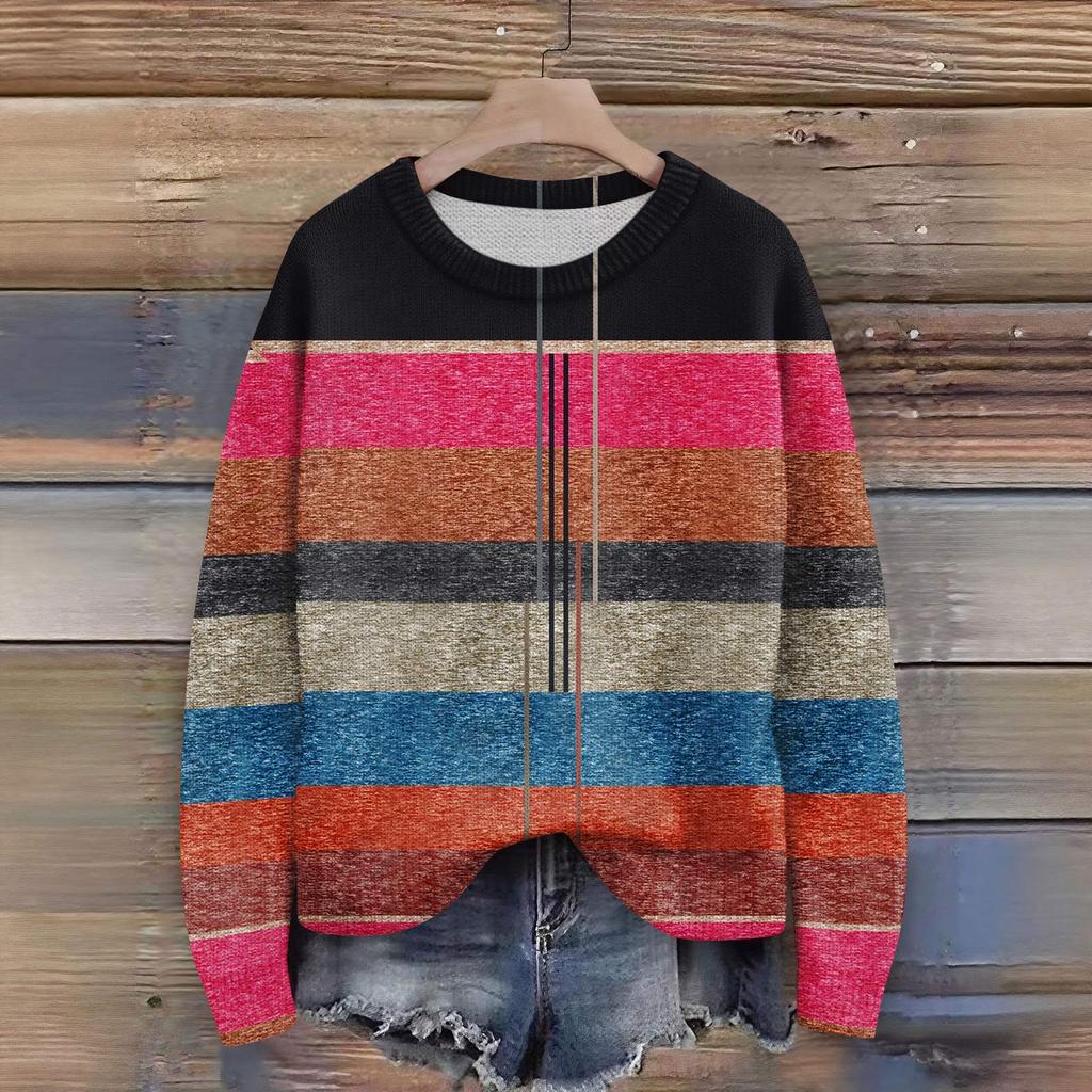 Long Sleeve Pullover Sweaters For Women O Neck Casual Cute Printing Knit Oversized Sweater