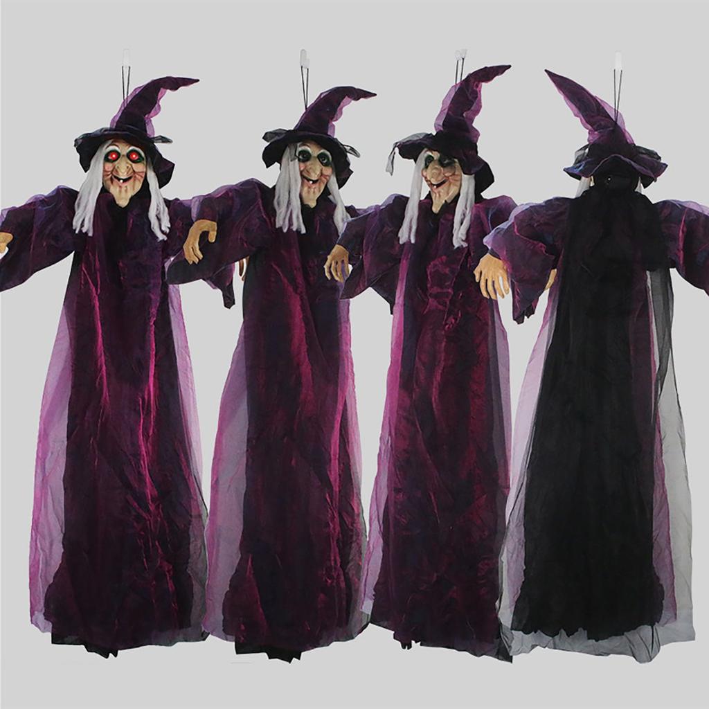 Nicro Hot Selling Latex Witch Ghost with Hat Hanging Pendant Haunted House Horror Glowing Long Hair Halloween Decorations
