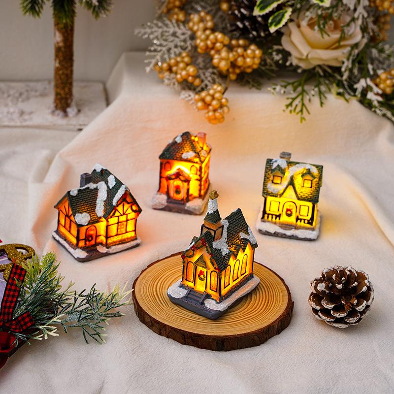 Christmas Decorations Luminous Resin Christmas Small House Micro Landscape Christmas Snow House Gift Ornaments
