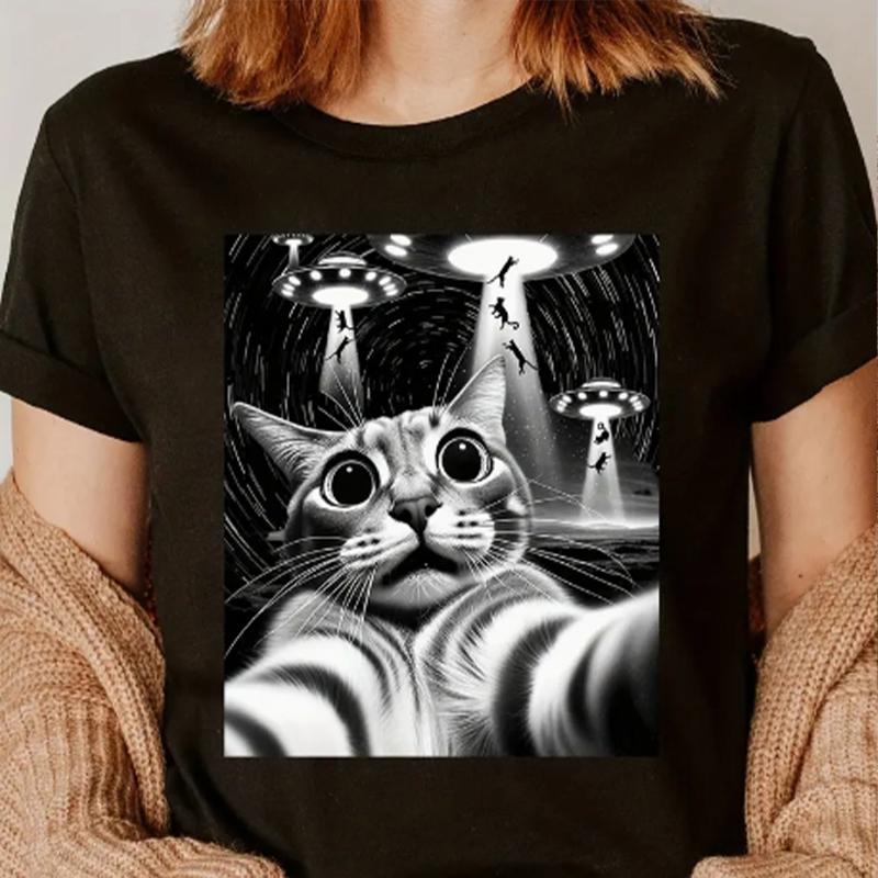 

Модная женская футболка с принтом кота и осла, забавная повседневная футболка с круглым вырезом и короткими рукавами, летняя женская футболка S чёрный