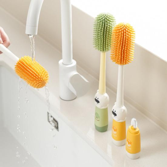 Set di spazzole per la pulizia con manico esteso antiscivolo a forma di orso, spazzola in silicone per bottiglie, pulitore per tettarelle e cannucce, strumento per l'alimentazione del bambino