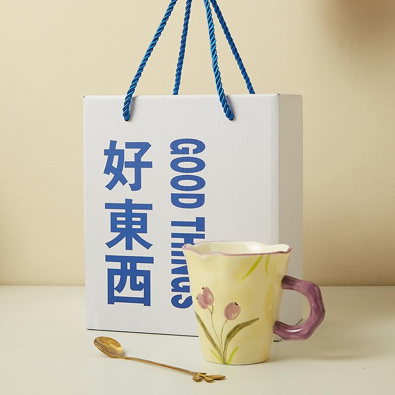 Creative Hand-Squeezed Small Fresh Tulip Mug Hand-Painted Flower Ceramic Cup Office Gift Box Coffee Milk Cup