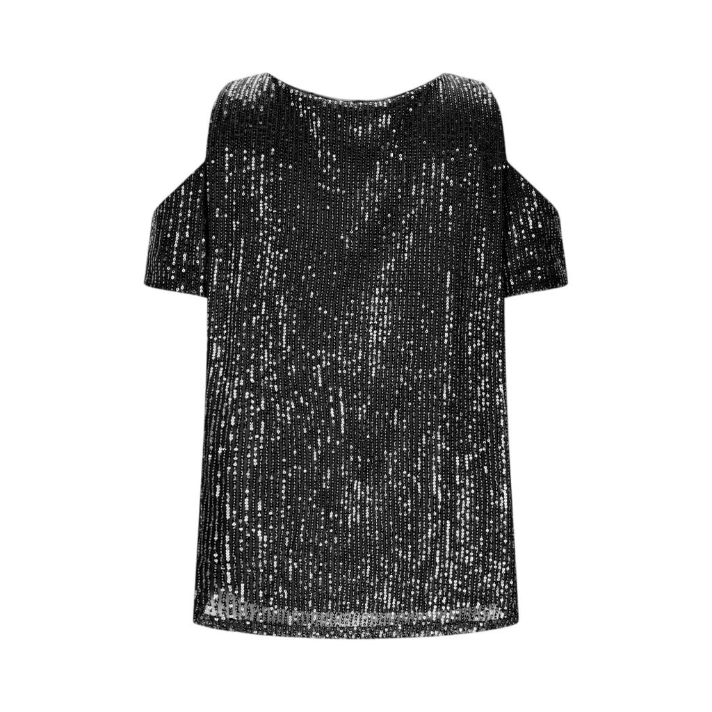 Top da Donna con Paillettes Spalle Scoperte Manica Corta Scollo Rotondo Vestibilità Larga Blusa Brillante per Uso Casual o da Festa