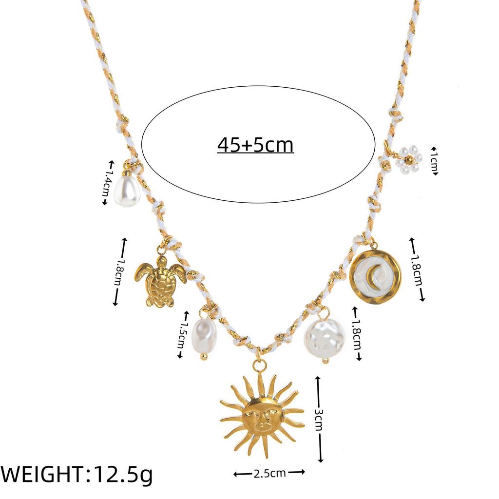 Personalized DIY Knot Rope Chain Lotus Feather Pendant Necklace with Color Retention Sun Wheel