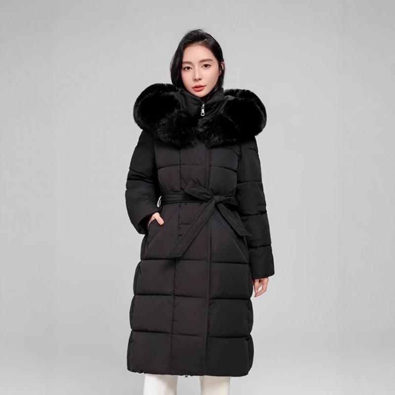 Womens Long Winter Cotton Coat With Faux Fur Collar Hooded Slim Fit Warm Thick Outerwear In Coffee Brown