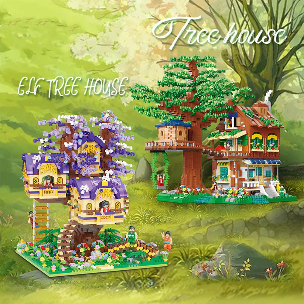 Diy miniaturní diamantové malé částice složené stavební bloky Forest Tree House Téma Puzzle Modely