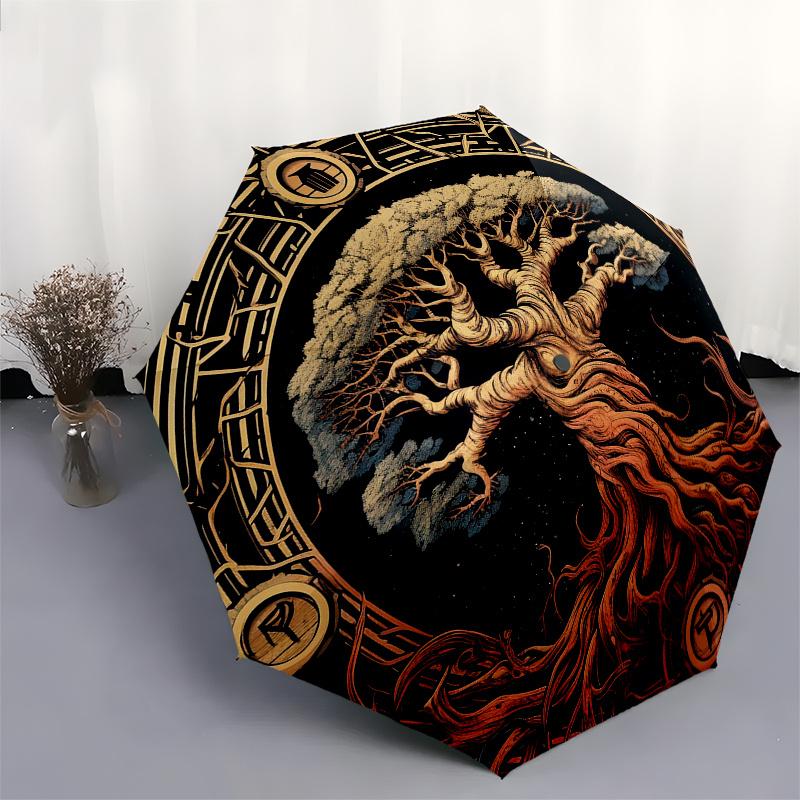 Tree of Life Circular Wall Art DecorUmbrella, Portable 3-Fold Compact Umbrella for Men & Women Gift