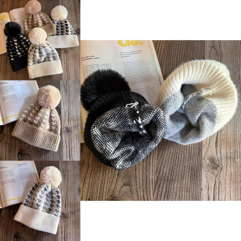 Knit Hat For Women With Vintage Houndstooth Pattern And Warmth For Autumn Winter Fashion
