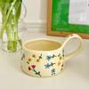 Cream Yellow Ceramic Mug Korean Style Cute Flower Pattern Coffee Cup Hand Pinched Irregular Mug Breakfast Milk Tea Cups Watercup